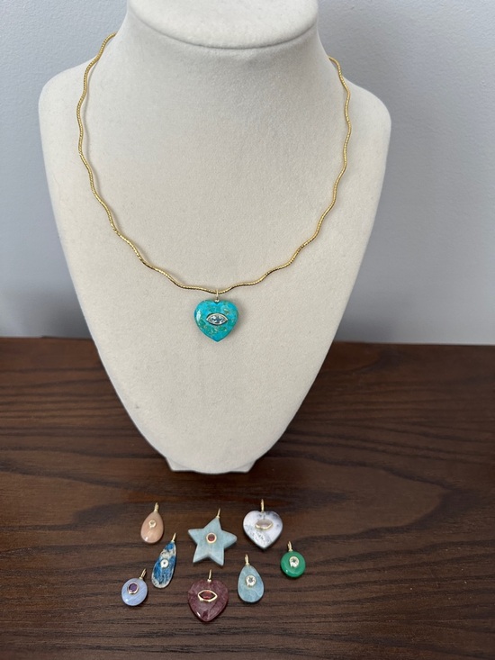 Jewelry - Gold Chain Necklace with Turquoise Heart Pendant and additional gemstone charms